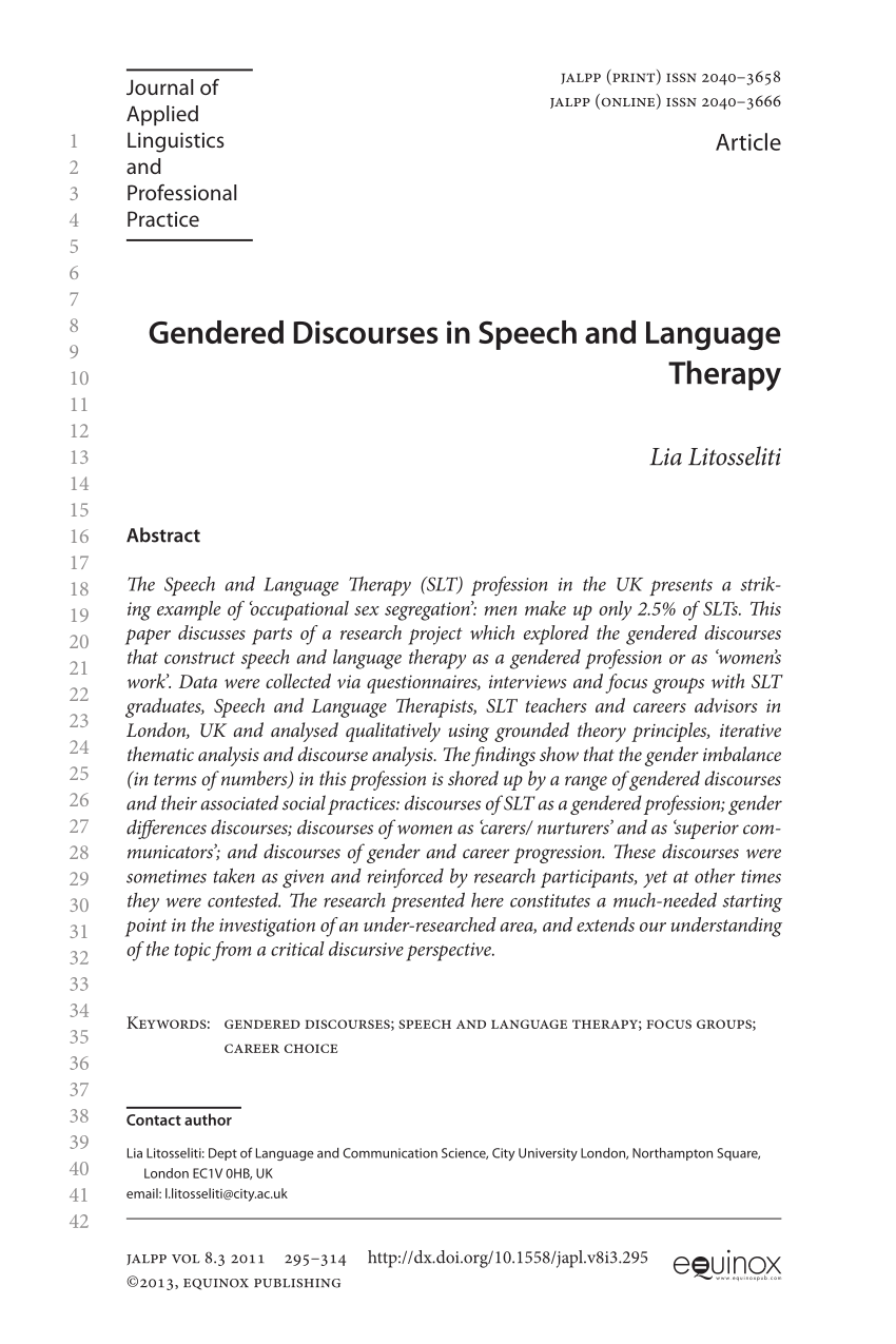 Pdf Gendered Discourses In Speech And Language Therapy