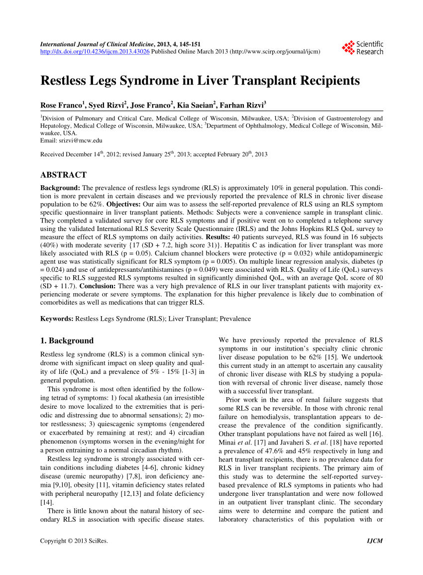 (PDF)  distressed Legs Syndrome in Liver Transplant Recipients