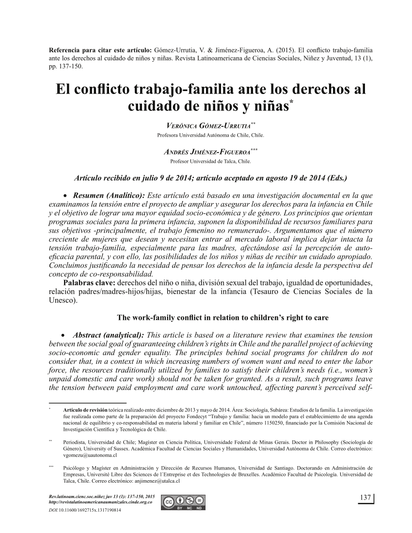 PDF) El conflicto trabajo-familia ante los derechos al cuidado de niños y  niñas