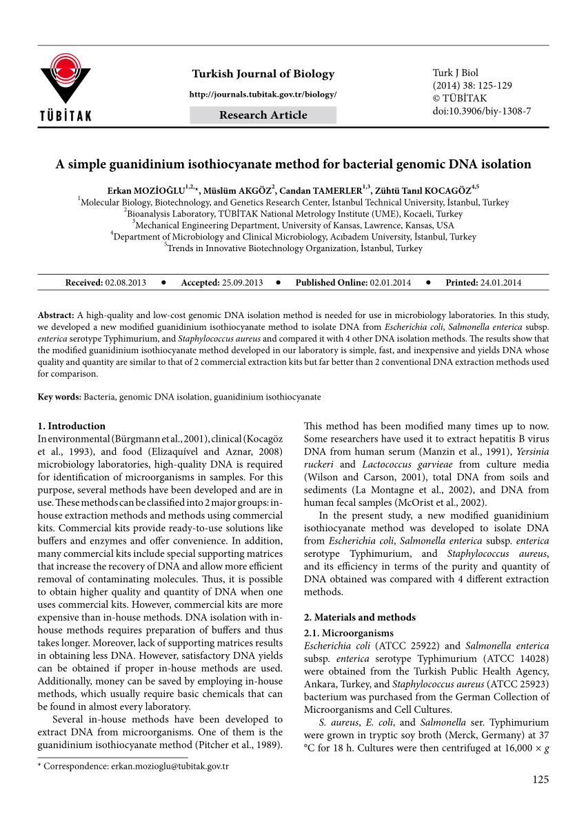 Pdf A Simple Guanidinium Isothiocyanate Method For Bacterial Genomic Dna Isolation