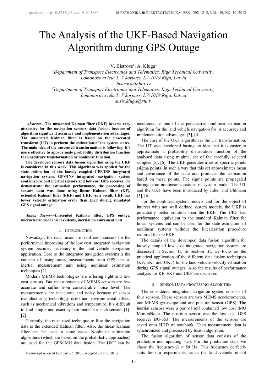 Pdf The Analysis Of The Ukf Based Navigation Algorithm During Gps Outage