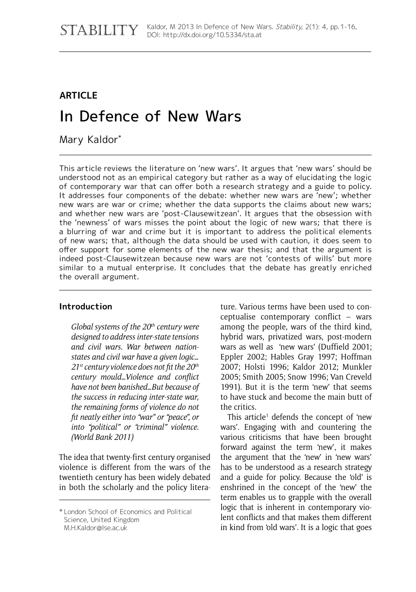 Pdf In Defence Of New Wars