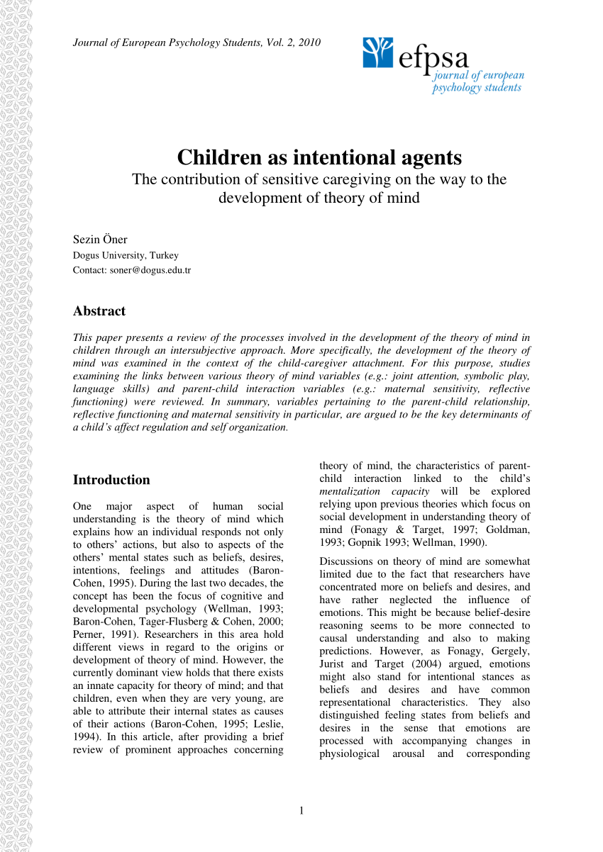 PDF) Children as intentional agents - The contribution of sensitive  caregiving on the way to the development of theory of mind