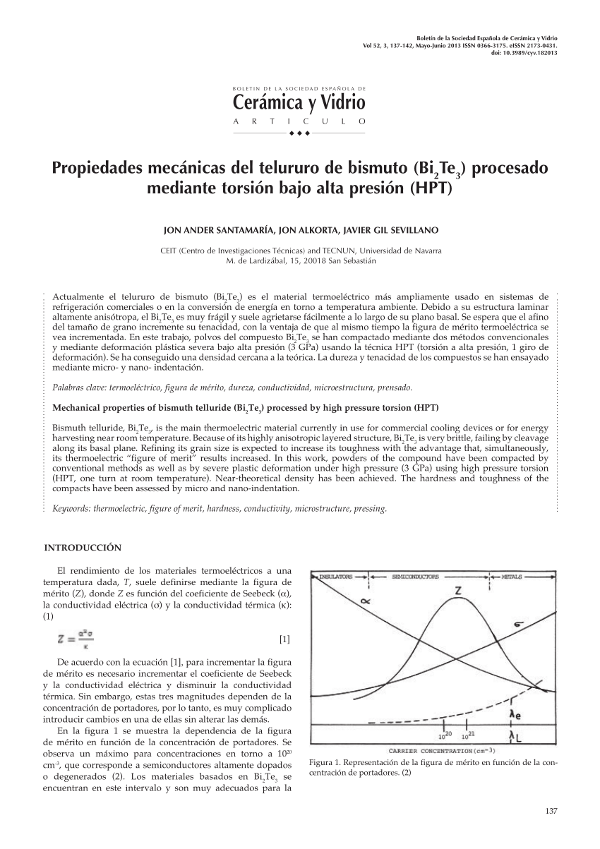 Pdf Propiedades Mecanicas Del Telururo De Bismuto Bi Sub 2 Sub Te Sub 3 Sub Procesado Mediante Torsion Bajo Alta Presion Hpt