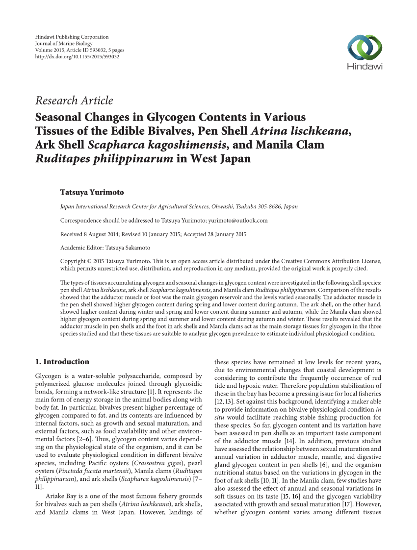 Pdf Seasonal Changes In Glycogen Contents In Various Tissues Of The Edible Bivalves Pen Shell Atrina Lischkeana Ark Shell Scapharca Kagoshimensis And Manila Clam Ruditapes Philippinarum In West Japan