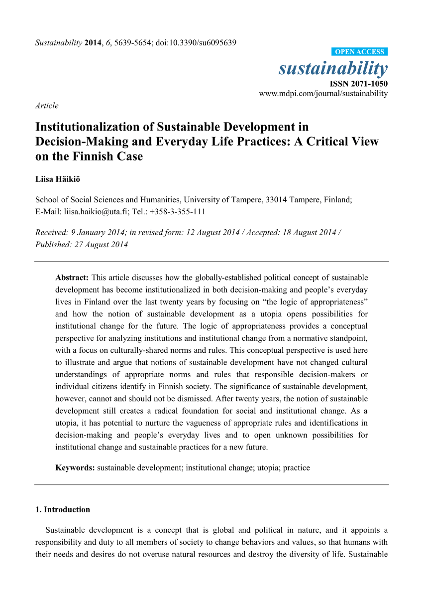 PDF) Institutionalization of Sustainable Development in Decision-Making and  Everyday Life Practices: A Critical View on the Finnish Case