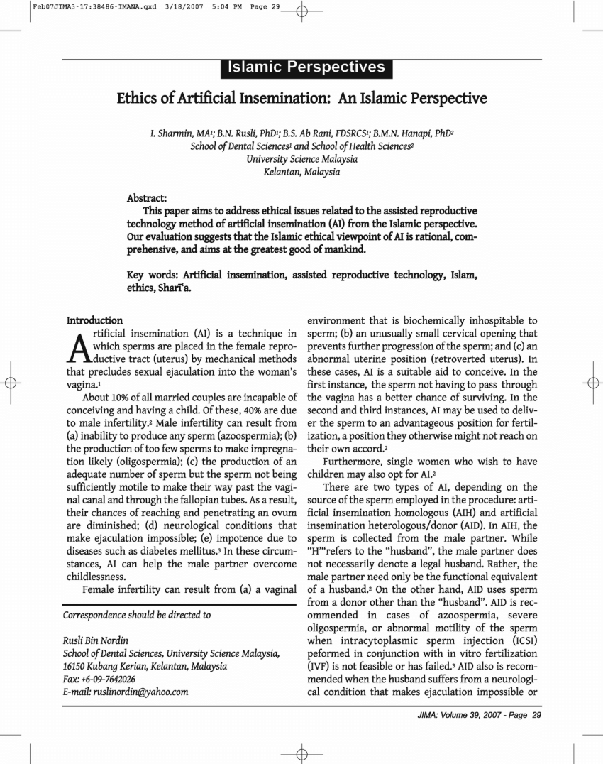 Pdf Ethics Of Artificial Insemination An Islamic Perspective