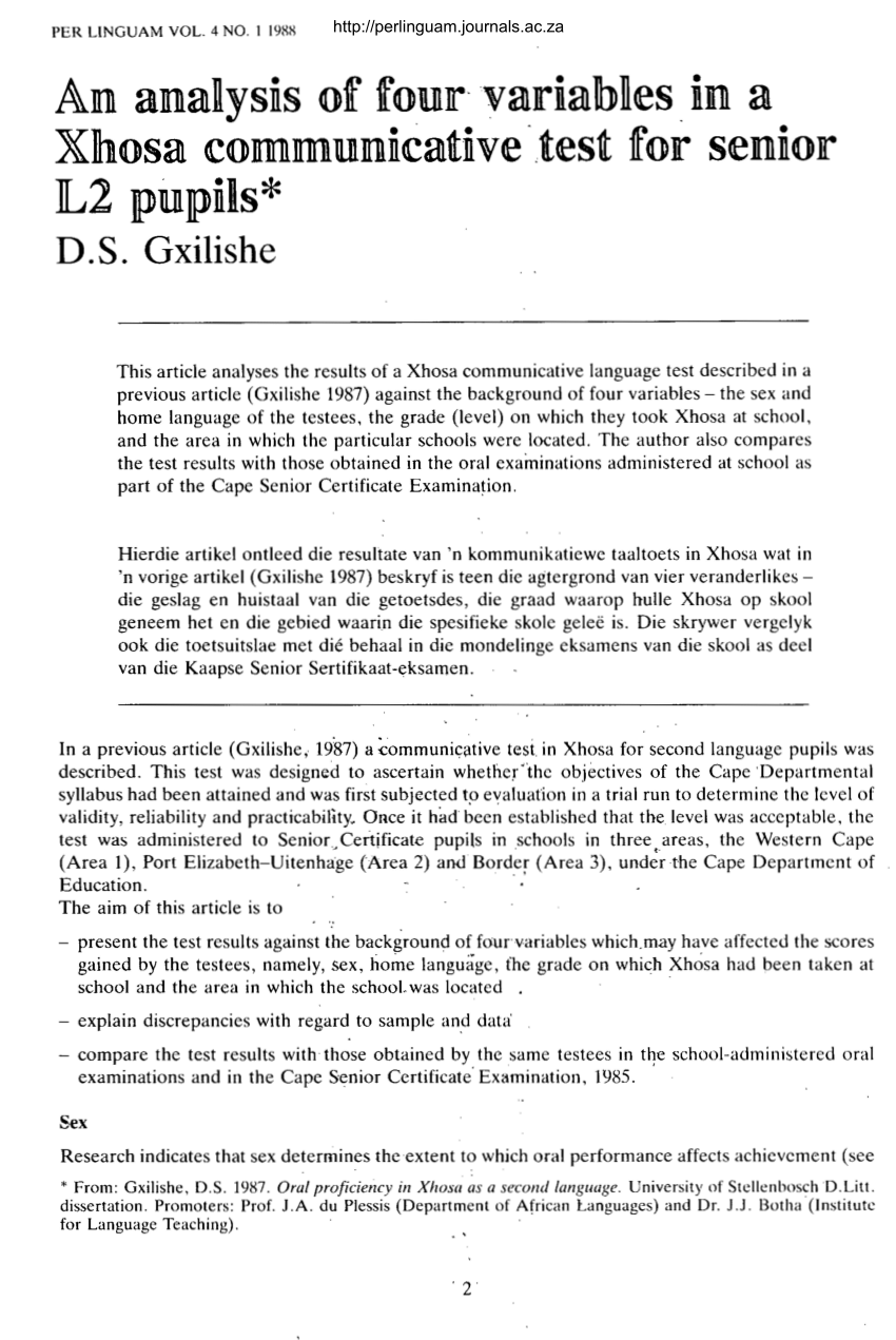 PDF) An analysis of four variables in a Xhosa communicative test for senior  L2 pupils