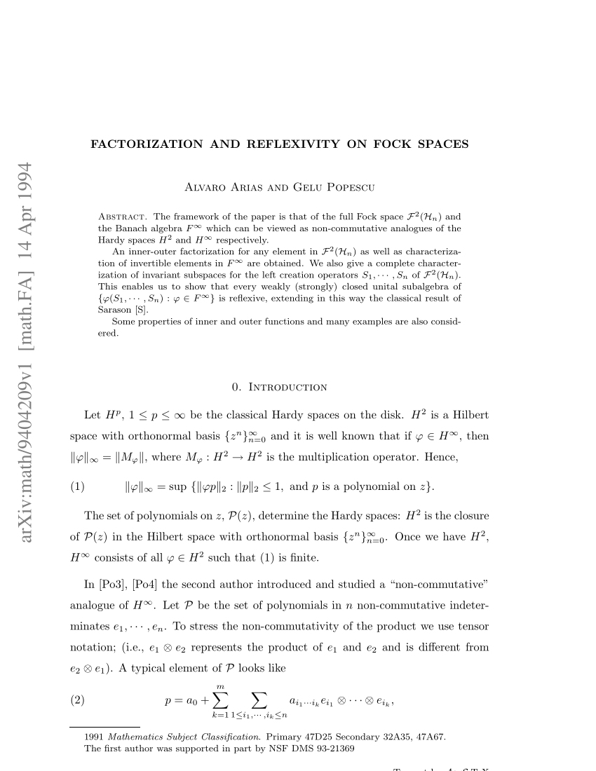 Pdf Factorization And Reflexivity On Fock Spaces