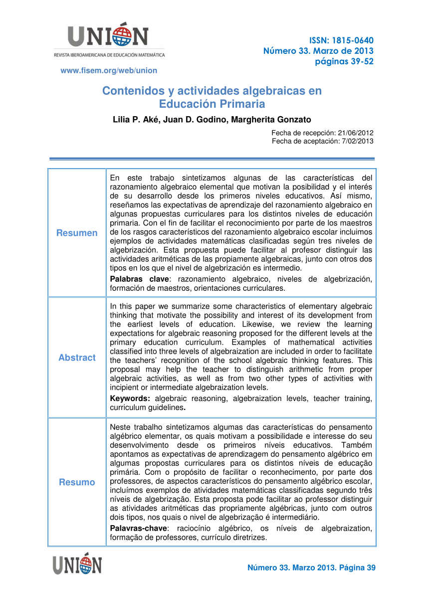 Pdf Contenidos Y Actividades Algebraicas En Educacion Primaria