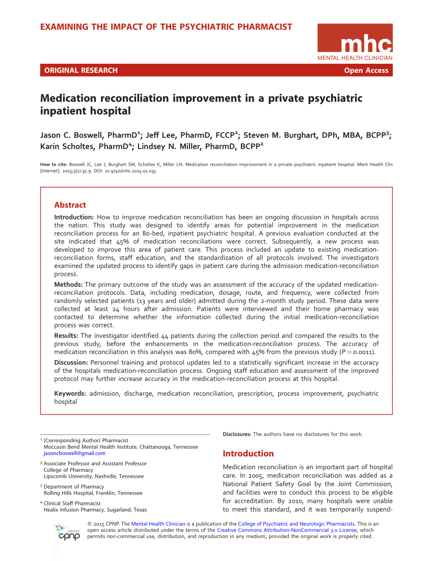 Pdf Medication Reconciliation Improvement In A Private Psychiatric Inpatient Hospital