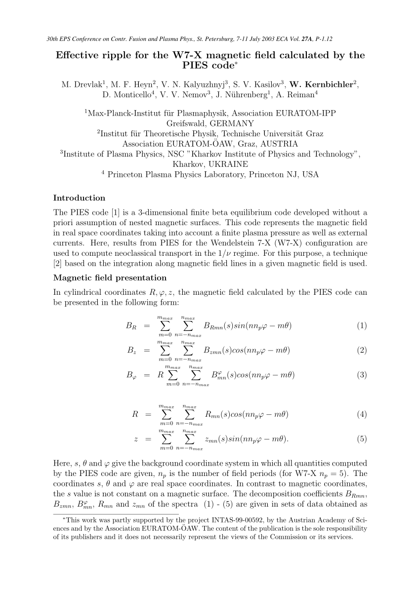 Pdf Effective Ripple For The W7 X Magnetic Field Calculated By The Pies Code