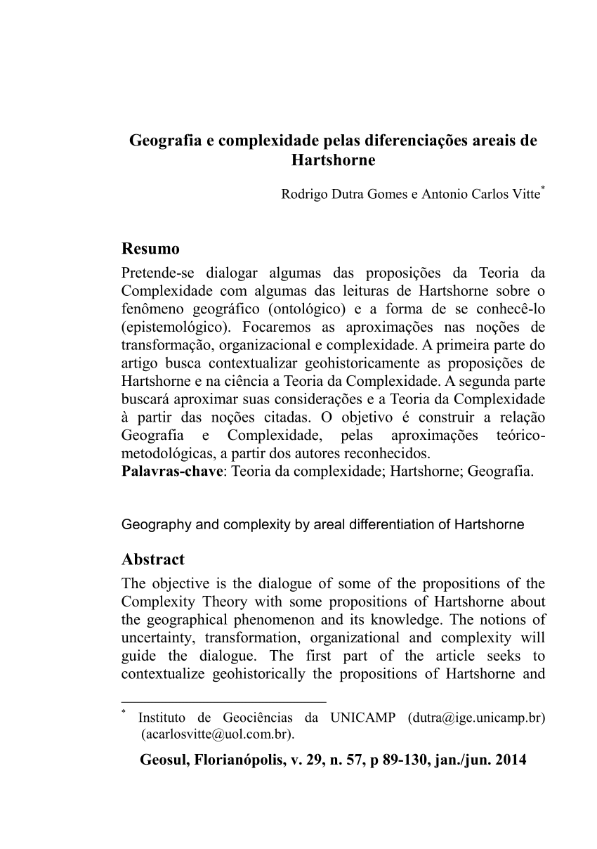 Pdf) Geografia E Complexidade Pelas Diferenciações Areais De Hartshorne