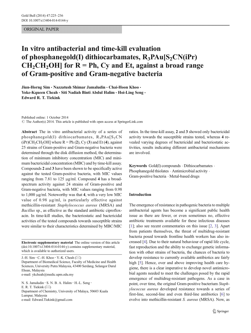 Pdf In Vitro Antibacterial And Time Kill Evaluation Of Phosphanegold I Dithiocarbamates R3pau S2cn Ipr Ch2ch2oh For R Ph Cy And Et Against A Broad Range Of Gram Positive And Gram Negative Bacteria
