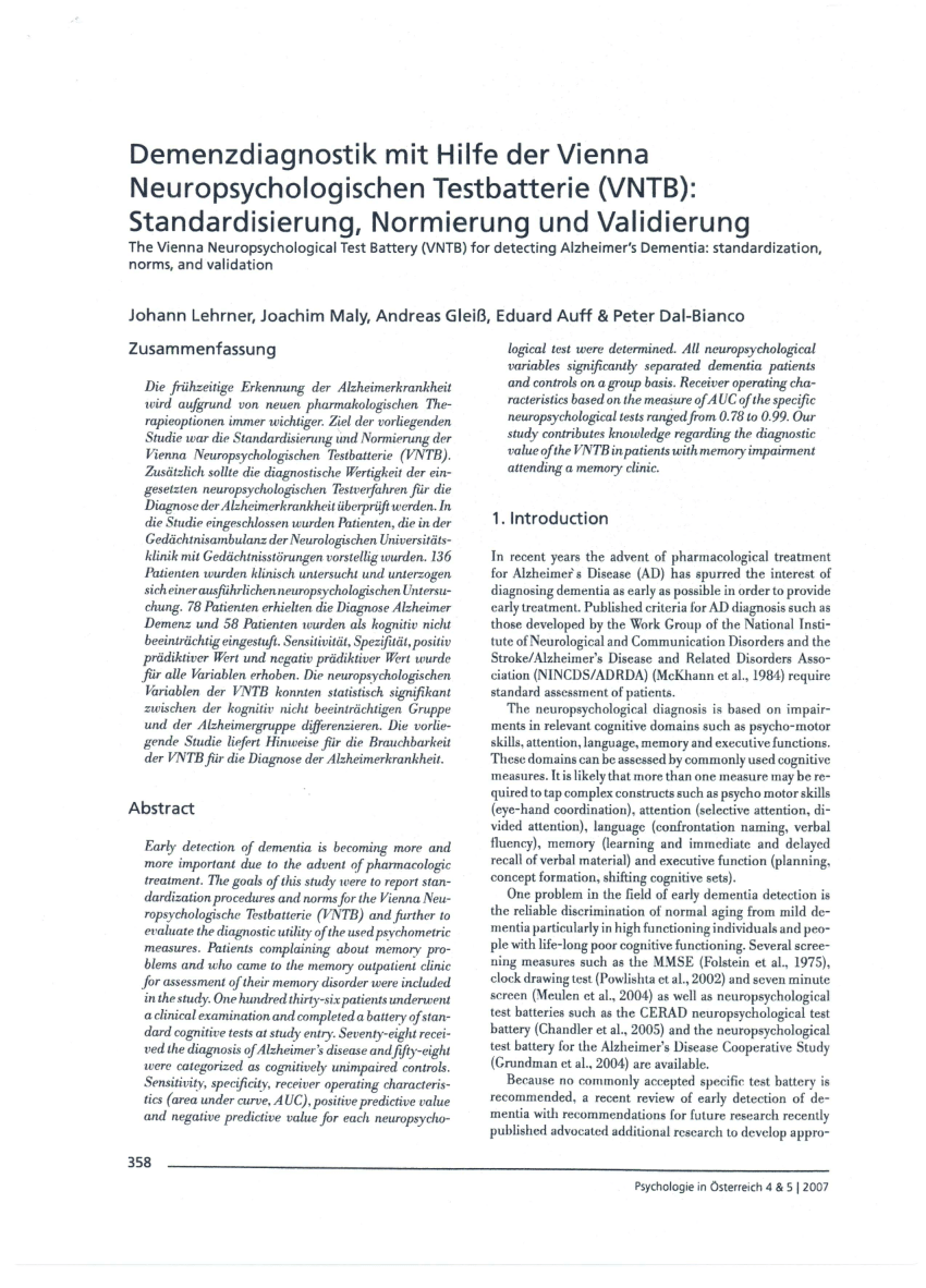 (PDF) The Neuropsychological Test Battery Vienna (NTBV)