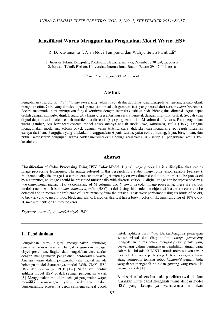 PDF Klasifikasi Warna  Menggunakan Pengolahan Model Warna  HSV
