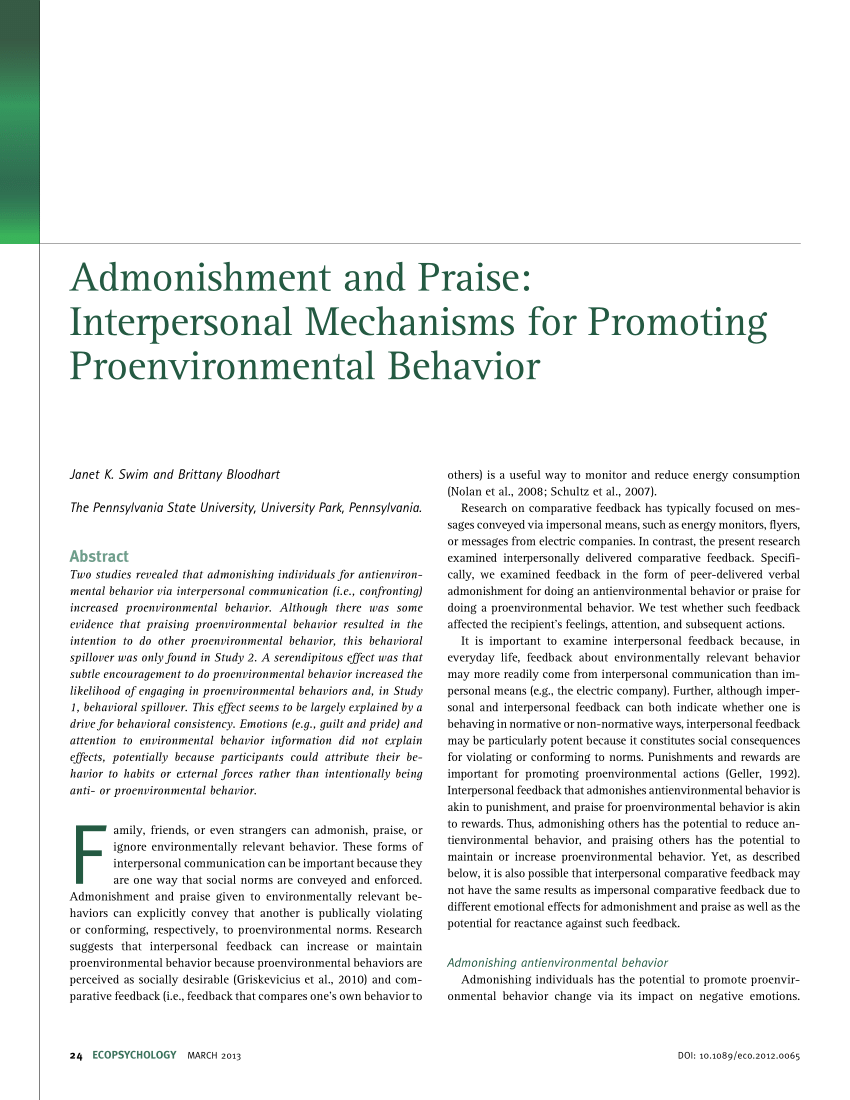 Pdf Admonishment And Praise Interpersonal Mechanisms For Promoting Pro Environmental Behavior
