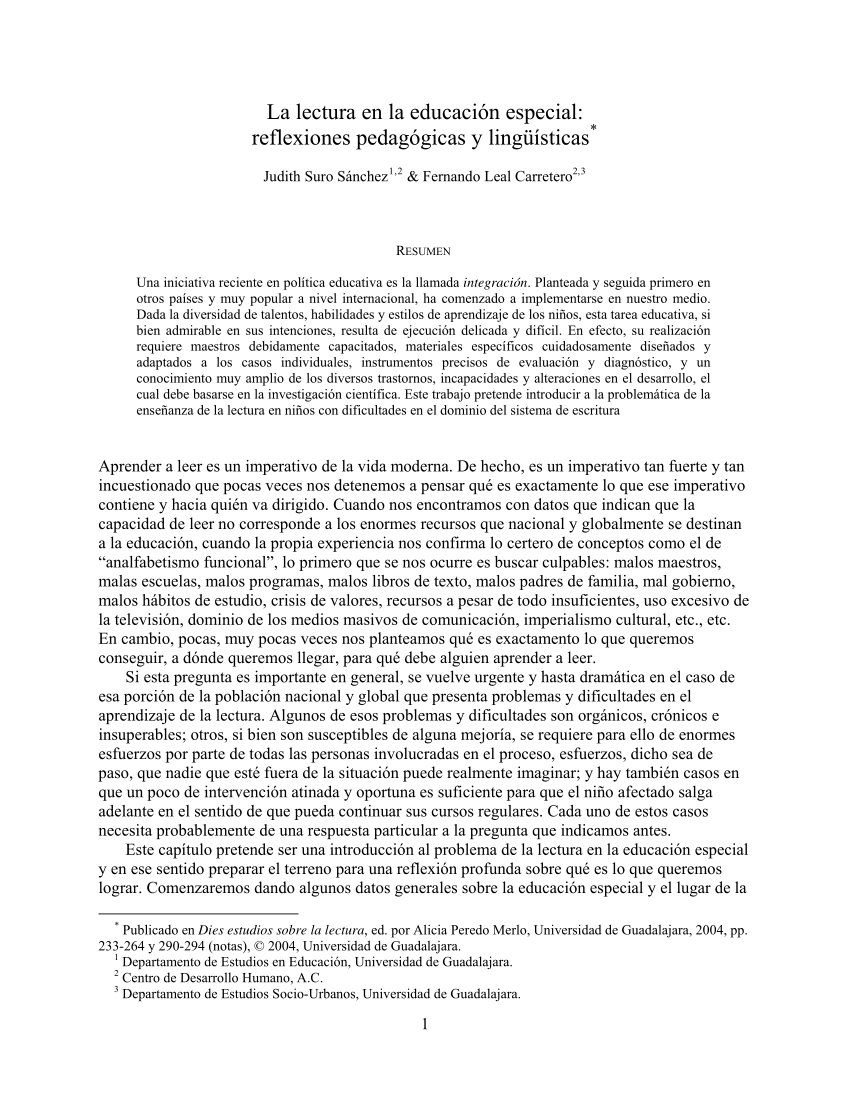 PDF) La lectura en la educación especial: reflexiones pedagógicas y  lingüísticas