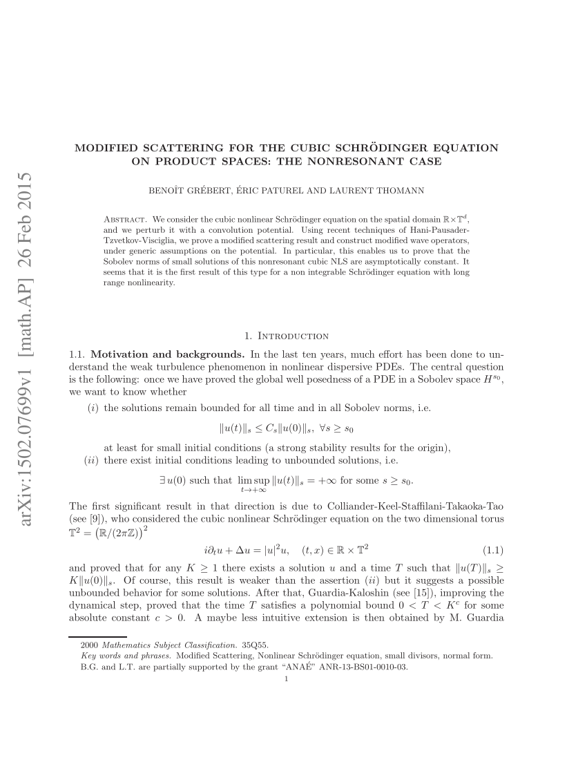 Pdf Modified Scattering For The Cubic Schrodinger Equation On Product Spaces The Nonresonant Case