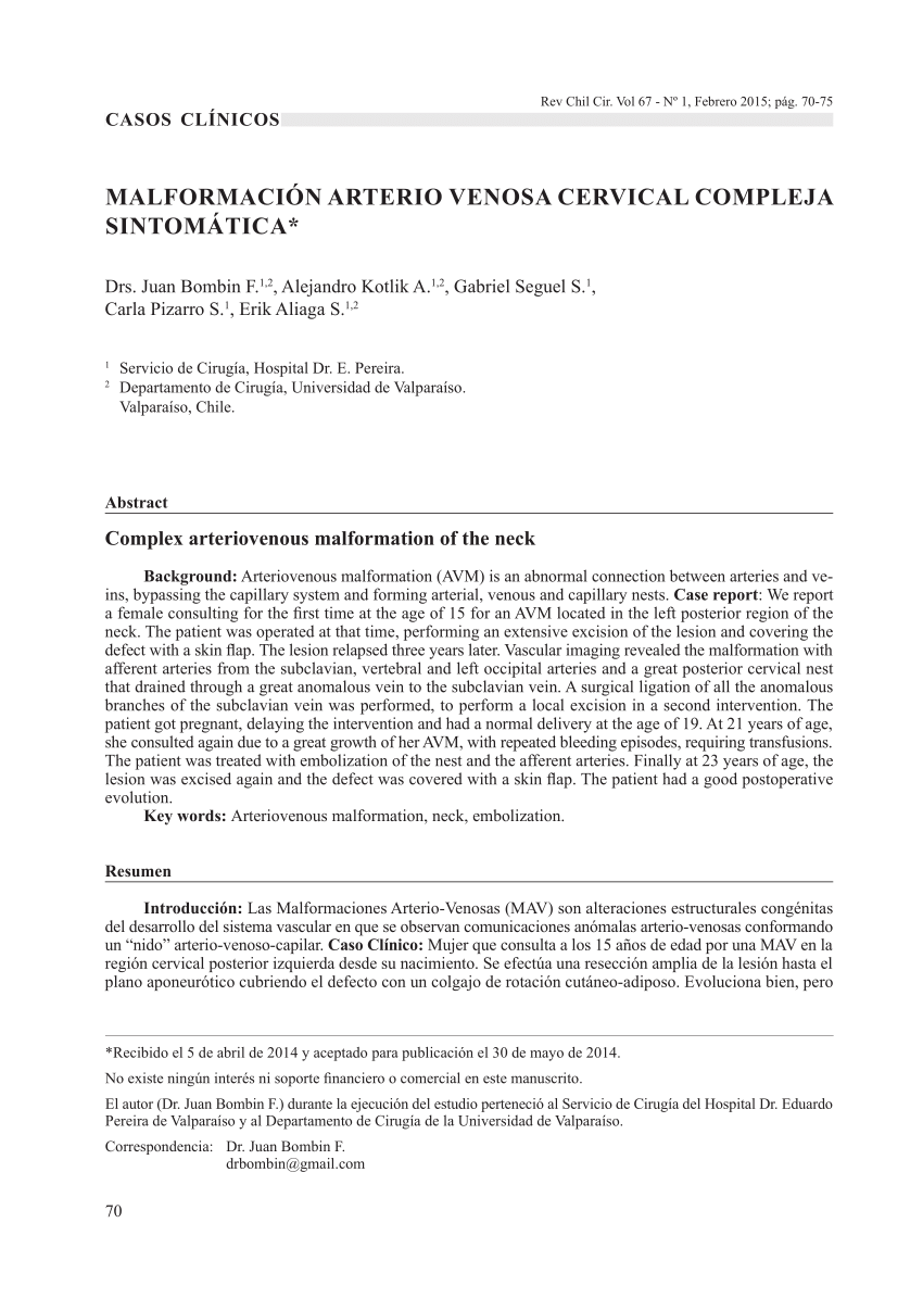 (PDF) MALFORMACIÓN ARTERIO VENOSA CERVICAL COMPLEJA SINTOMÁTICA