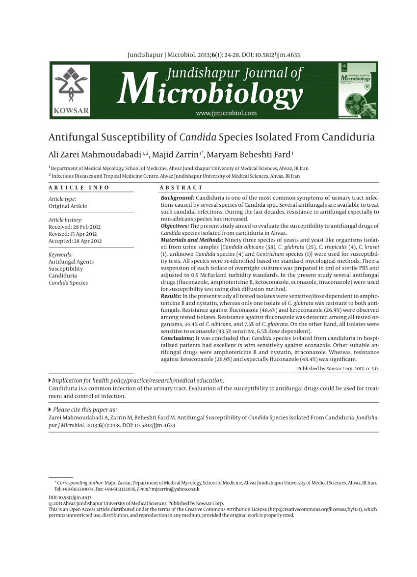 Pdf Antifungal Susceptibility Of Candida Species Isolated From Candiduria 