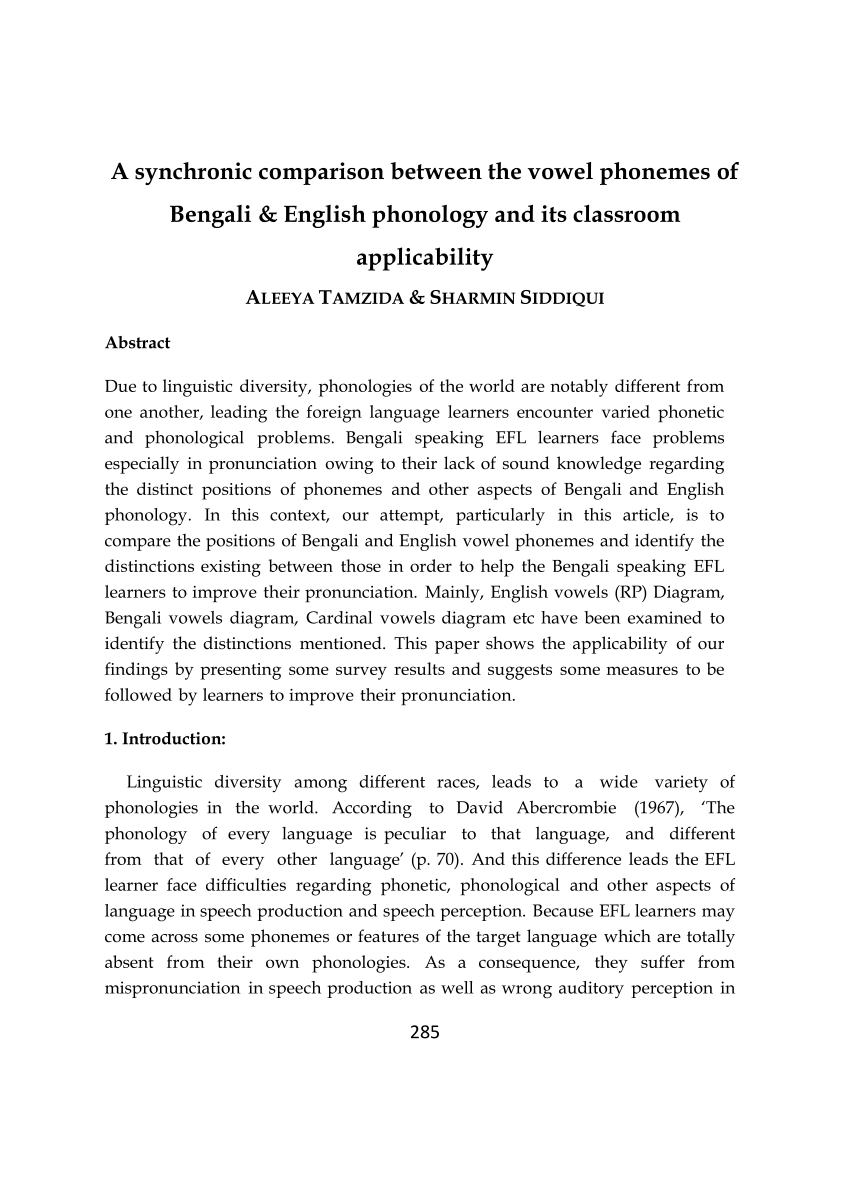 Pdf A Synchronic Comparison Between The Vowel Phonemes Of Bengali English Phonology And Its Classroom Applicability