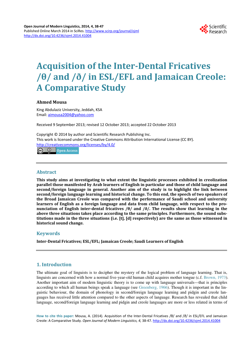 Pdf Acquisition Of The Inter Dental Fricatives 8 And D In Esl Efl And Jamaican Creole A Comparative Study