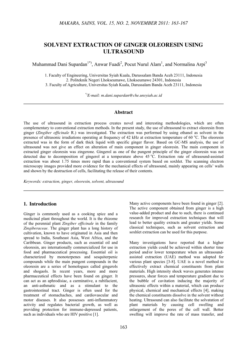 Pdf Solvent Extraction Of Ginger Oleoresin Using Ultrasound