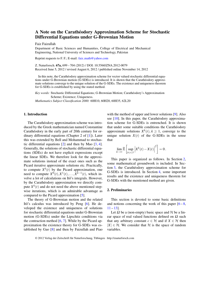 Pdf A Note On The Caratheodory Approximation Scheme For Stochastic Differential Equations Under G Brownian Motion