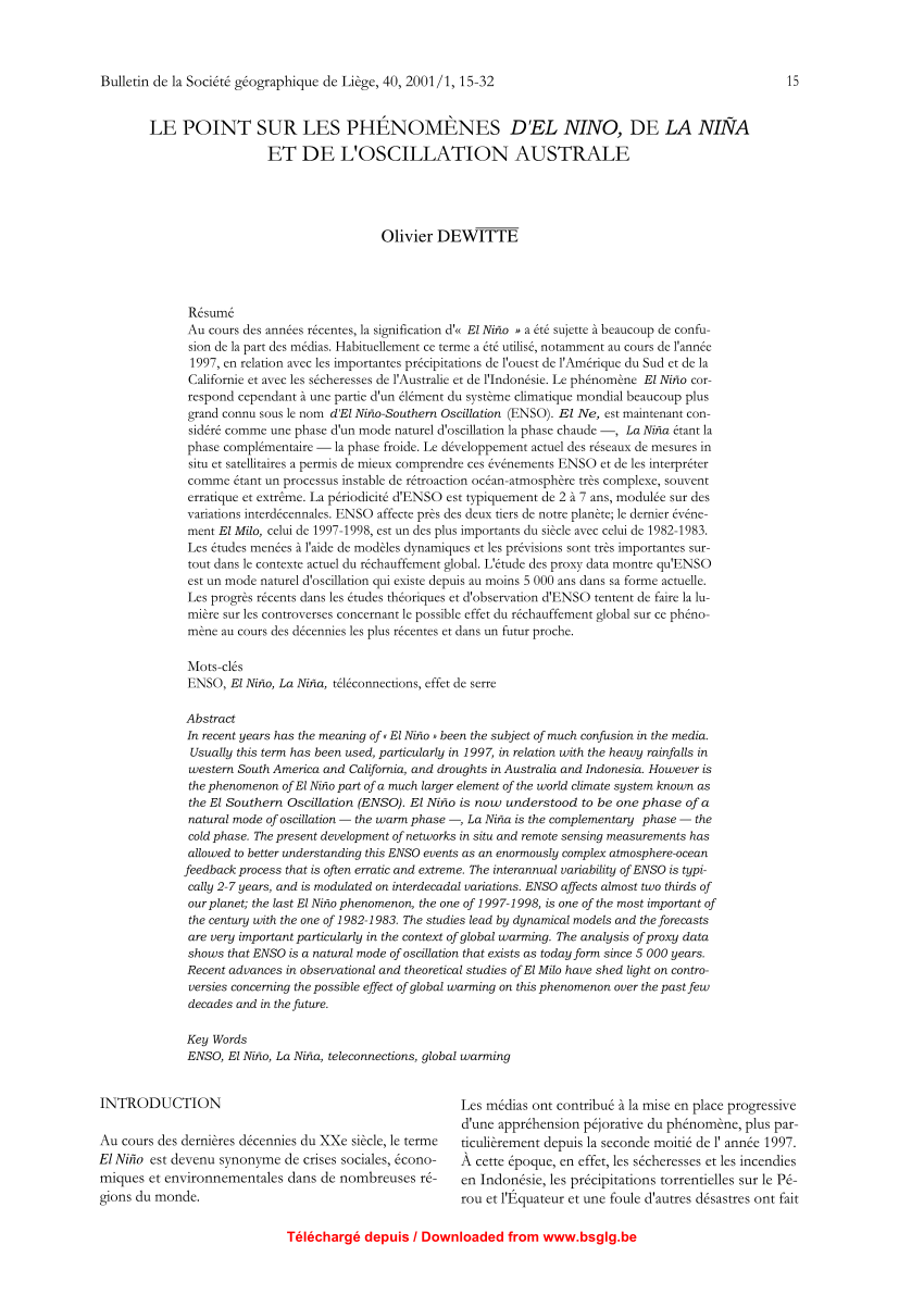 Pdf Le Point Sur Les Phenomenes D El Nino De La Nina Et De