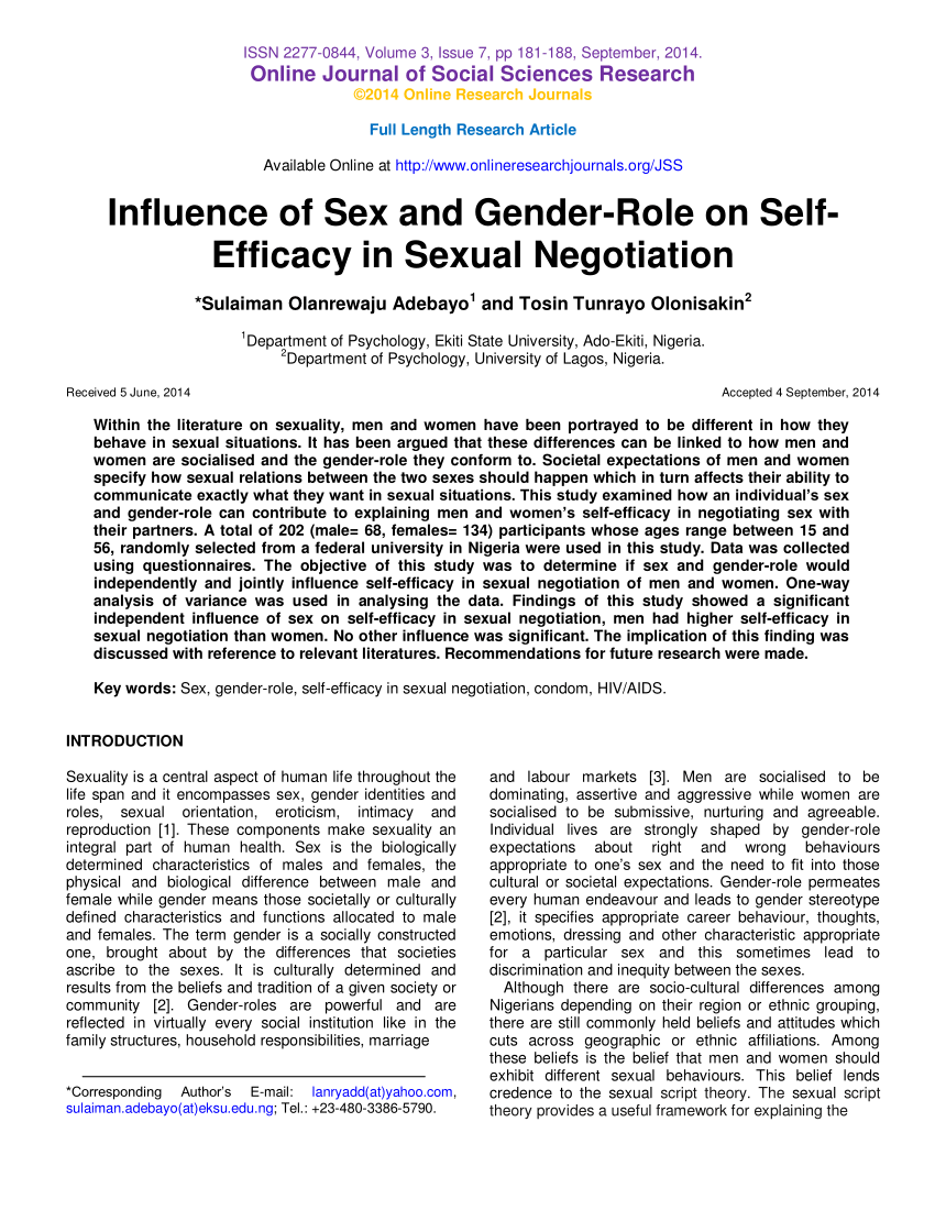 Pdf Influence Of Sex And Gender Role On Self Efficacy In Sexual Negotiaton 2524