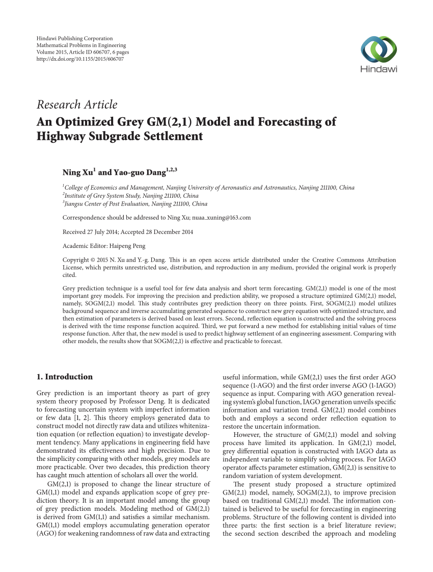 Pdf An Optimized Grey Gm 2 1 Model And Forecasting Of Highway Subgrade Settlement