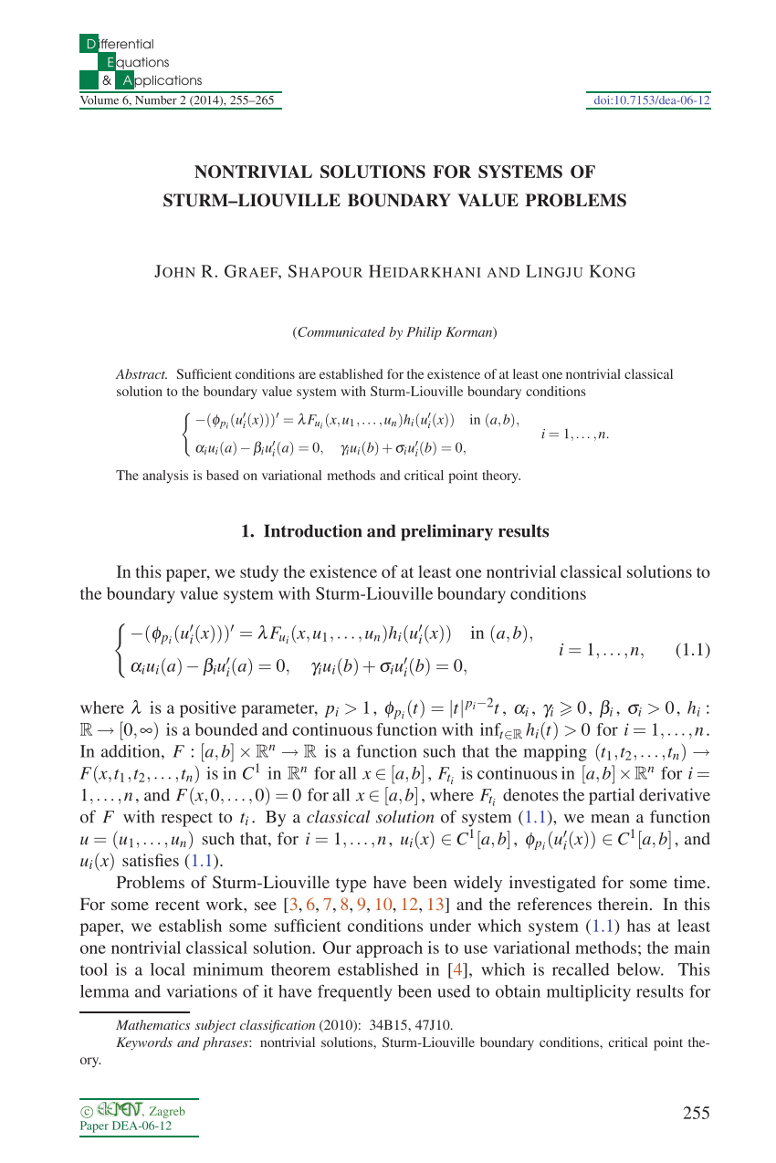 Pdf Nontrivial Solutions For Systems Of Sturm Liouville Boundary Value Problems