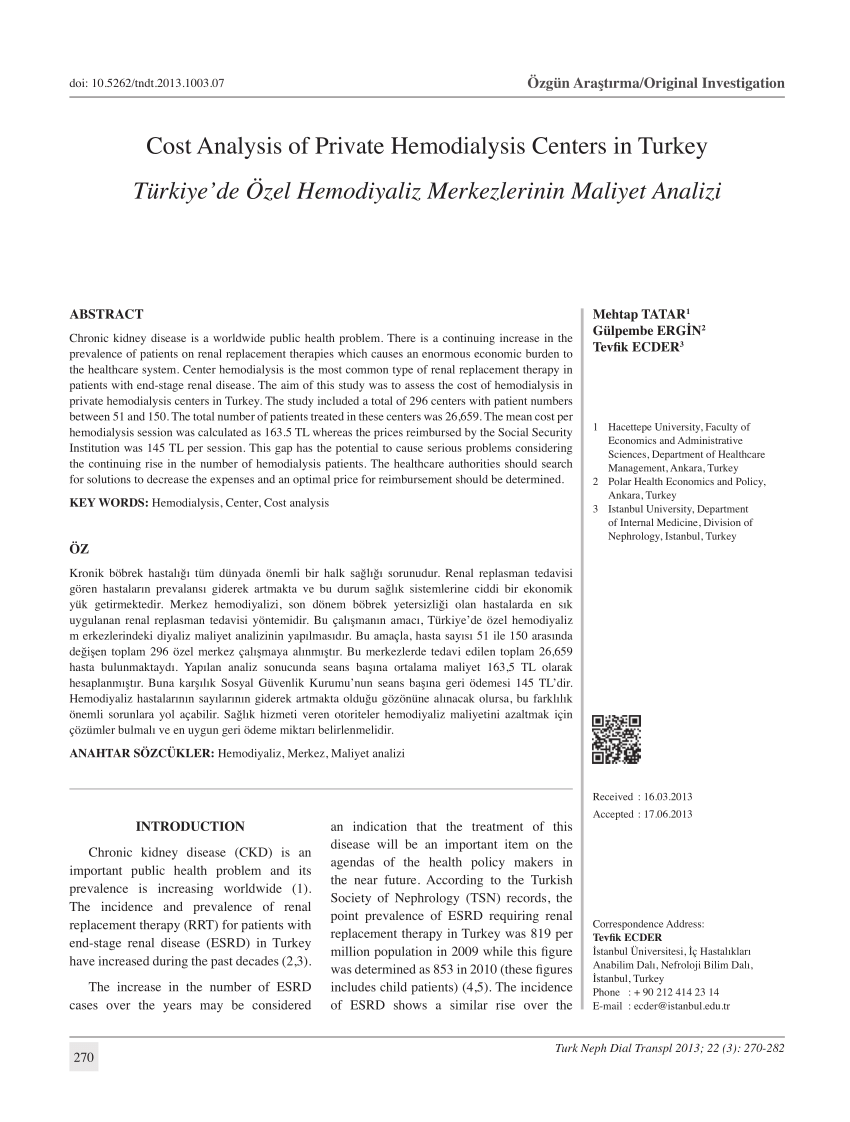 Pdf Cost Analysis Of Private Hemodialysis Centers In Turkey