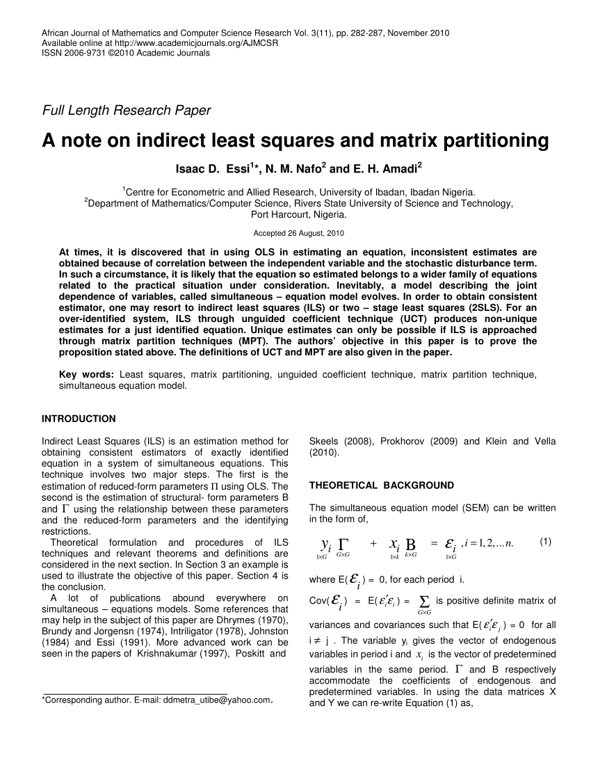 Pdf A Note On Indirect Least Squares And Matrix Partitioning