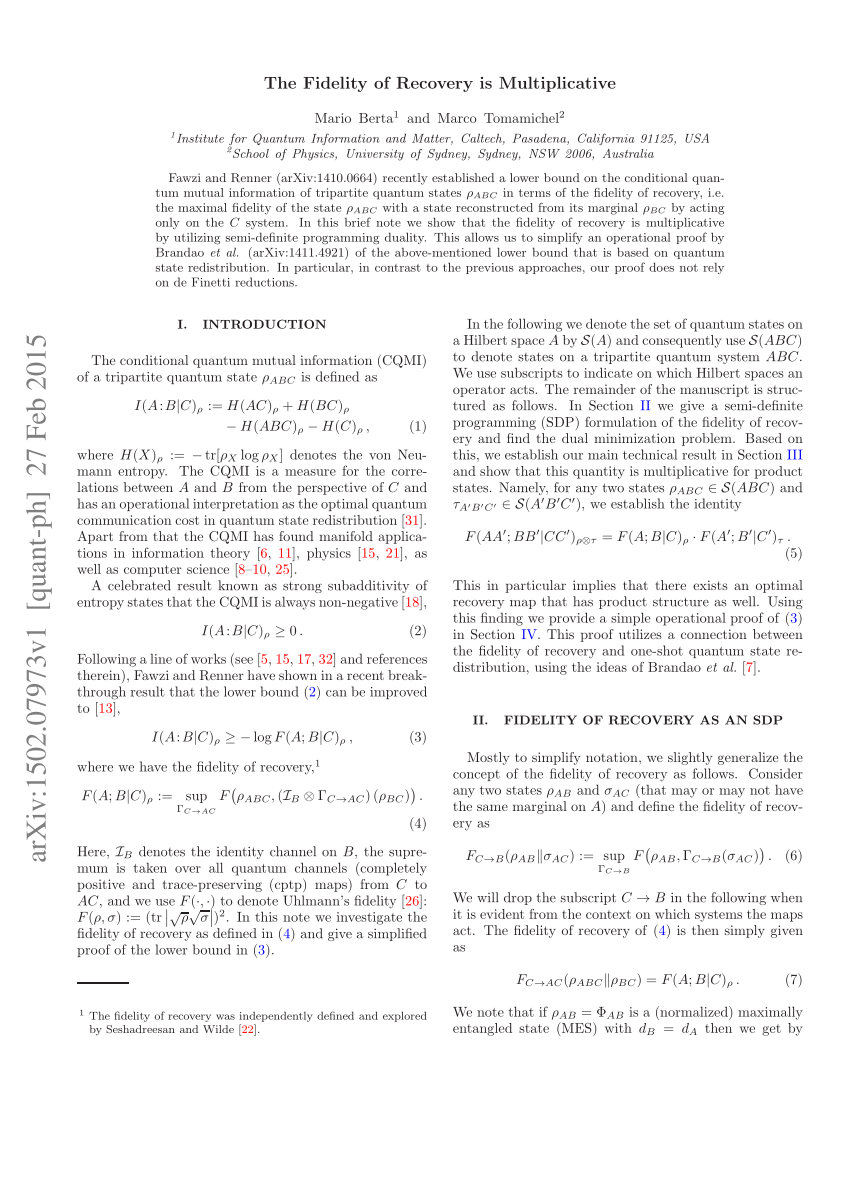 PDF The Fidelity of Recovery Is Multiplicative