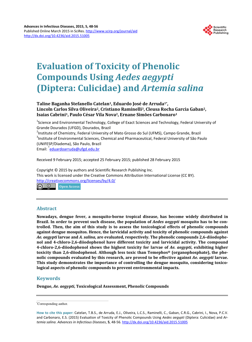 Pdf Open Access Evaluation Of Toxicity Of Phenolic Compounds Using Aedes Aegypti Diptera Culicidae And Artemia Salina
