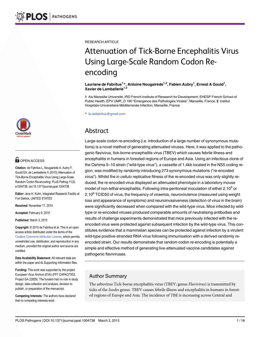 PDF) Attenuation of Tick-Borne Encephalitis Virus Using Large-Scale Random  Codon Re-encoding