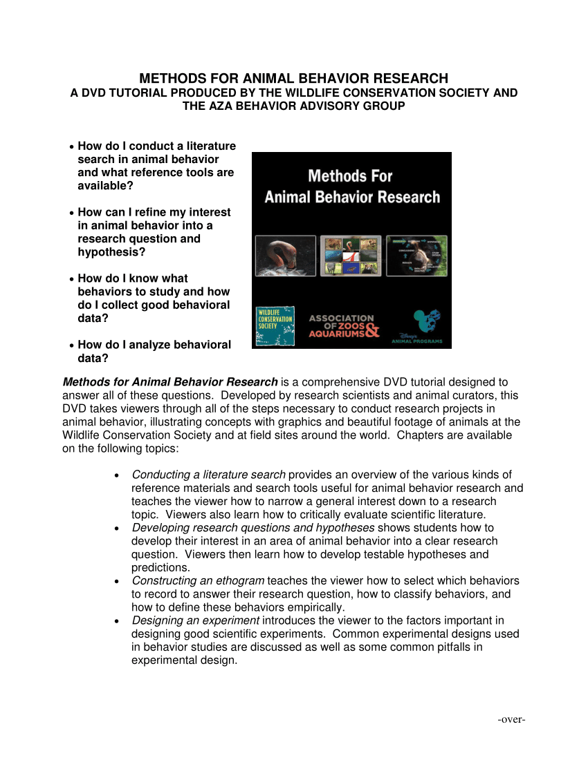 PDF) METHODS FOR ANIMAL BEHAVIOR RESEARCH: A DVD TUTORIAL PRODUCED BY THE WILDLIFE  CONSERVATION SOCIETY AND THE AZA BEHAVIOR ADVISORY GROUP