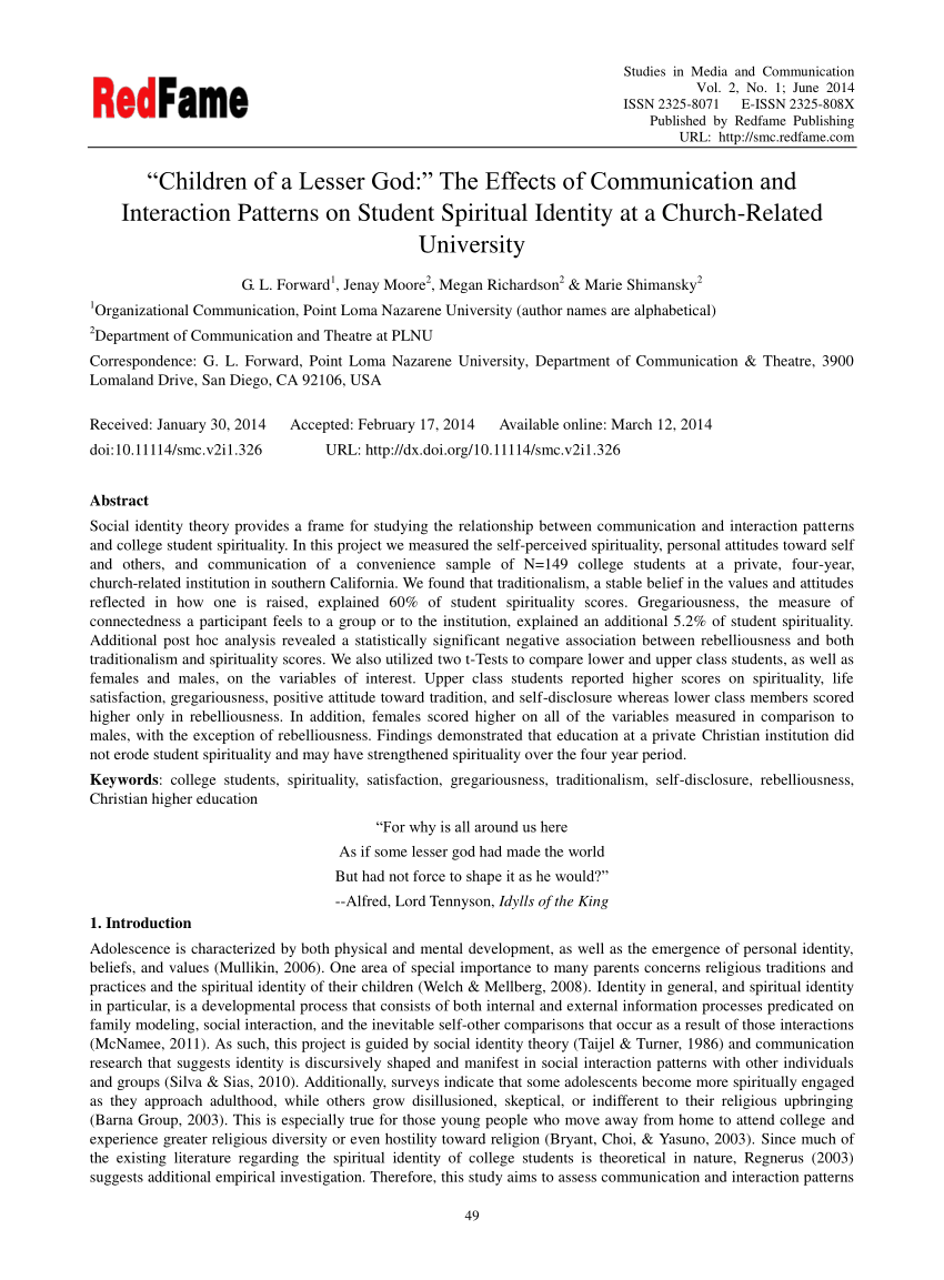 Pdf Children Of A Lesser God The Effects Of Communication And Interaction Patterns On Student Spiritual Identity At A Church Related University