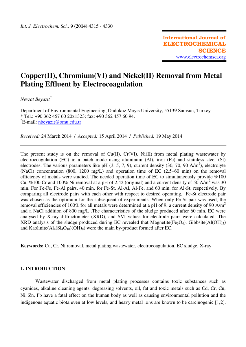 (PDF) Copper(II), Chromium(VI) and Nickel(II) Removal from Metal Plating Effluent by