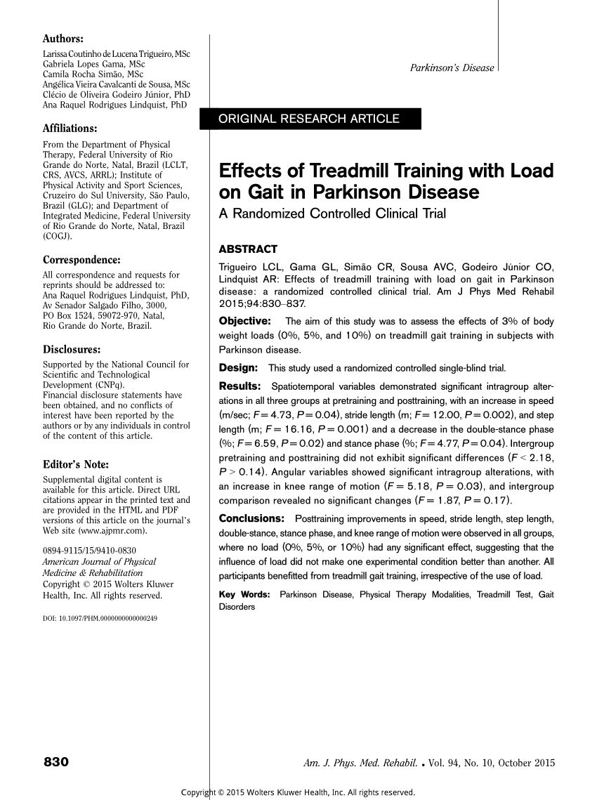 PDF) Effects of Treadmill Training with Load on Gait in Parkinson ...