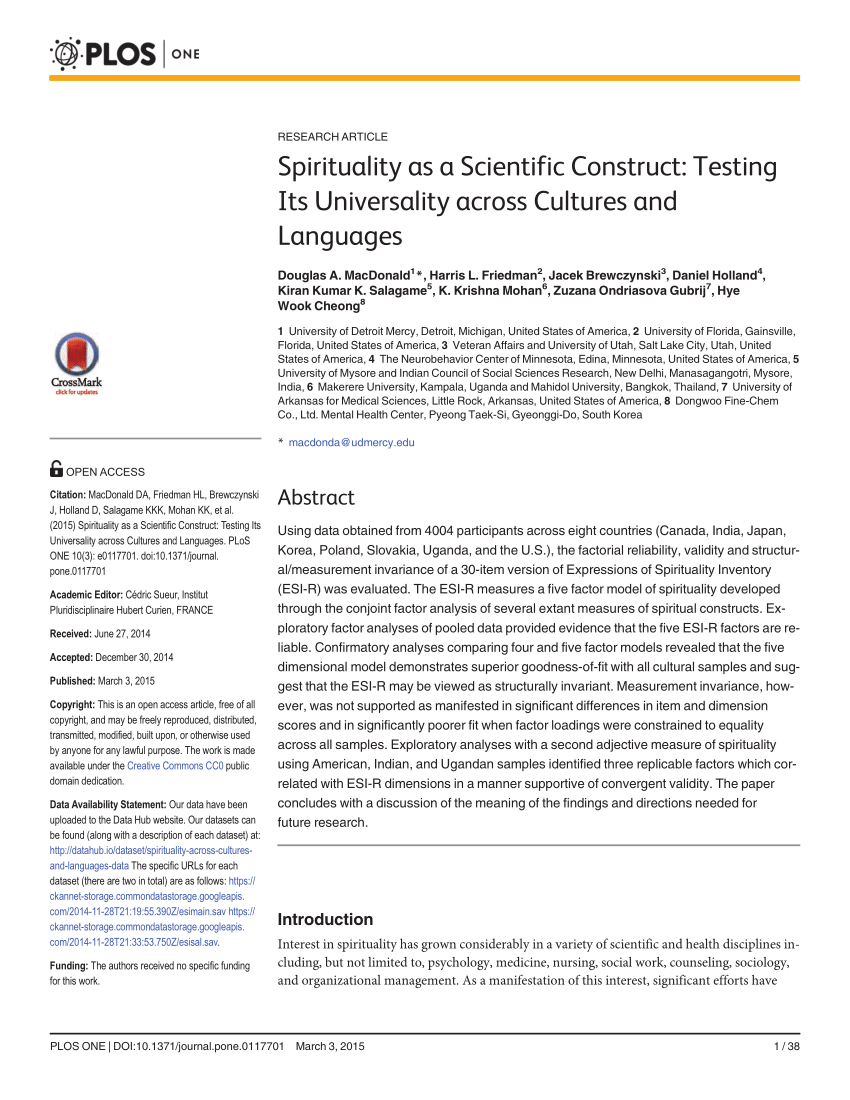 Pdf Spirituality As A Scientific Construct Testing Its Universality Across Cultures And Languages