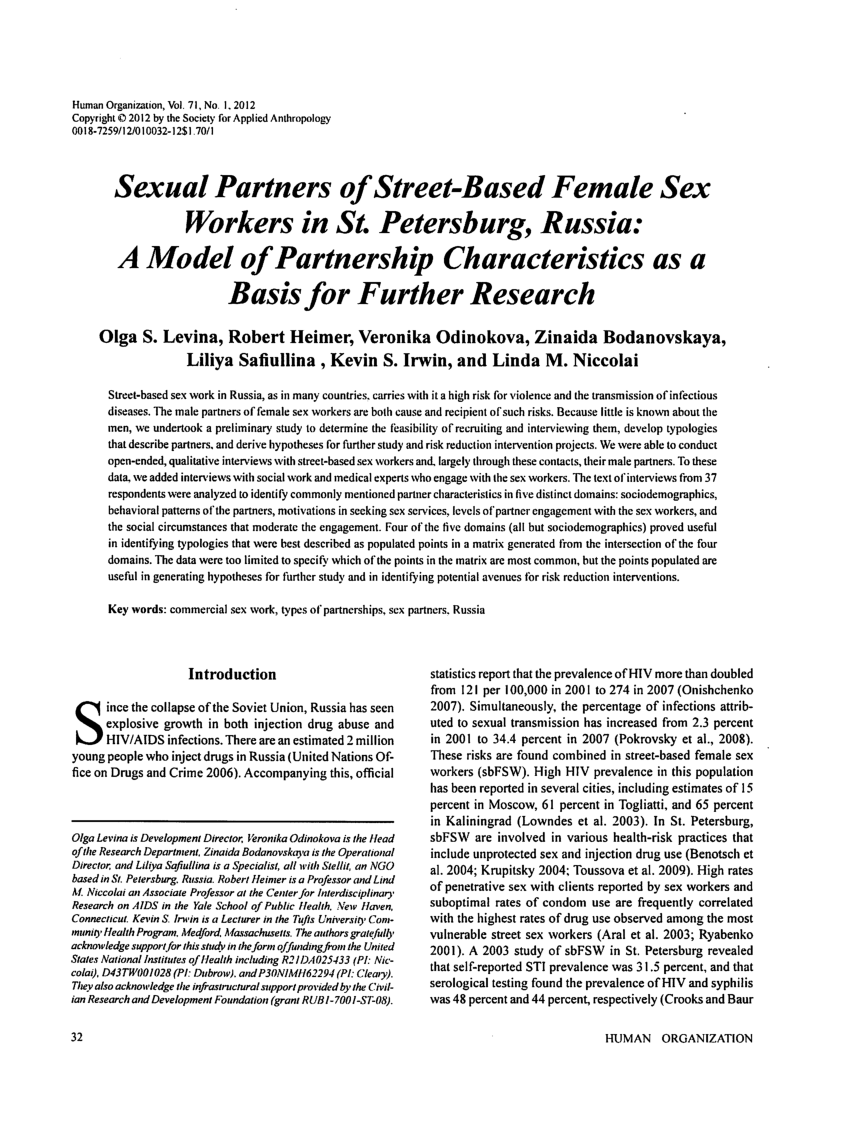 PDF) Sexual Partners of Street-Based Female Sex Workers in St. Petersburg,  Russia: A Model of Partnership Characteristics as a Basis for Further  Research