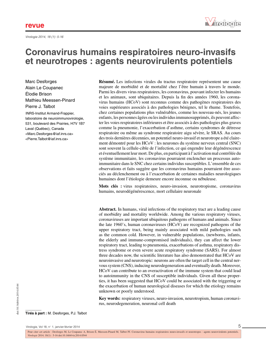 Pdf Coronavirus Humains Respiratoires Neuro Invasifs Et Neurotropes Agents Neurovirulents Potentiels