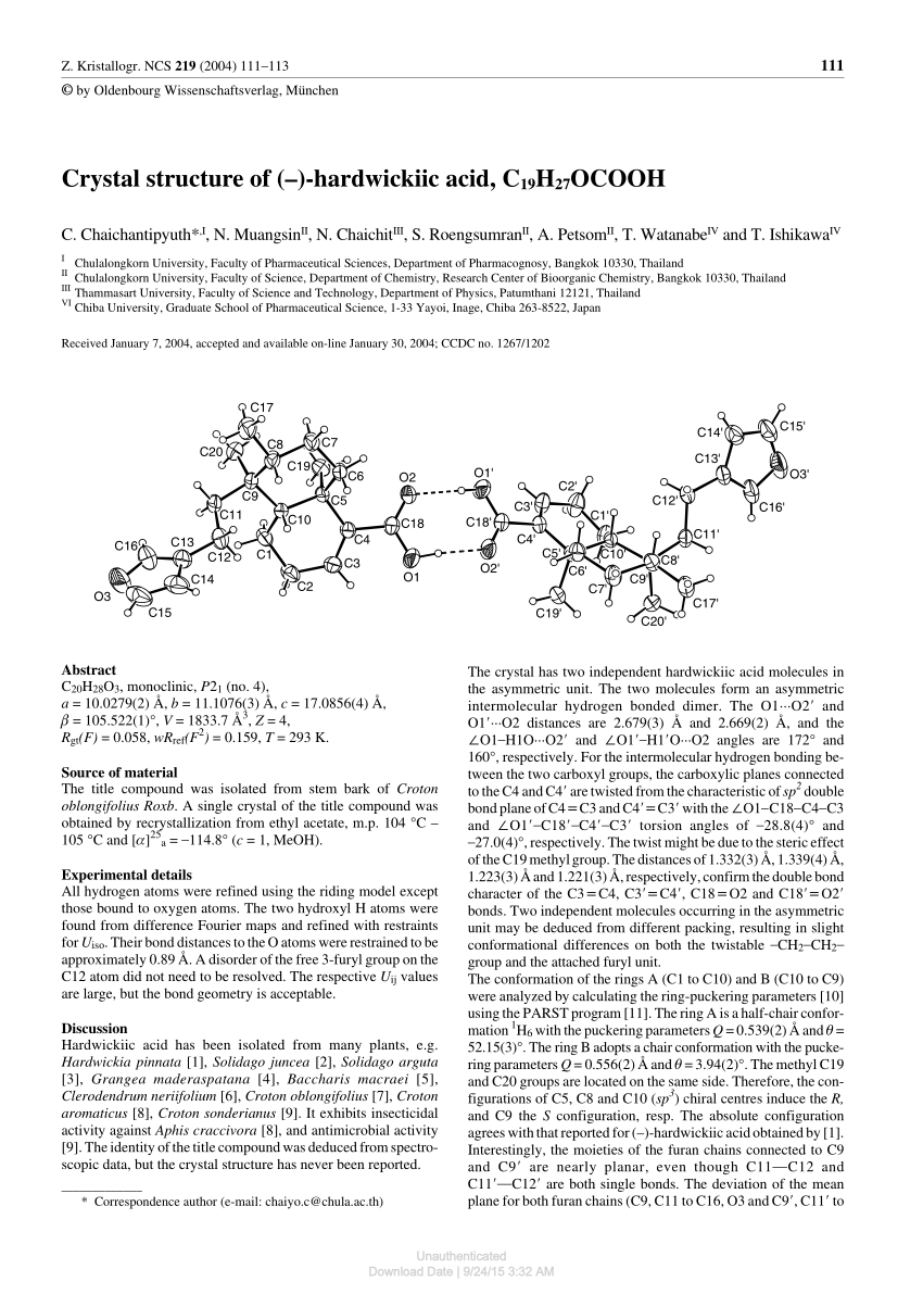 Pdf Crystal Structure Of Hardwickiic Acid C19h27ocooh