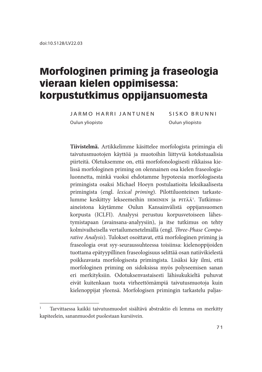 PDF) Morfologinen priming ja fraseologia vieraan kielen oppimisessa:  korpustutkimus oppijansuomesta