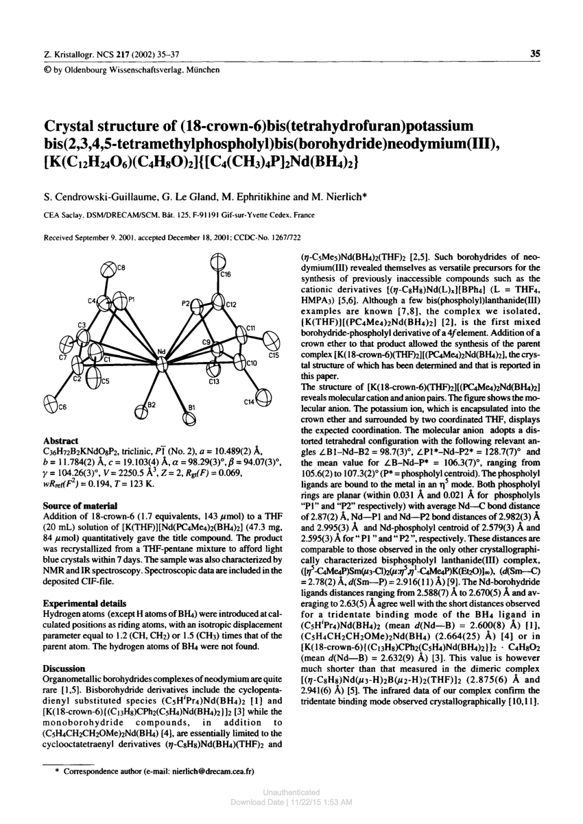 Pdf Crystal Structure Of 18 Crown 6 Bis Tetrahydrofuran Potassium Bis 2 3 4 5 Tetramethylphospholyl Bis Borohydride Neodymium Iii K C12h24o6 C4h8o 2 C4 Ch3 4p 2nd Bh4 2
