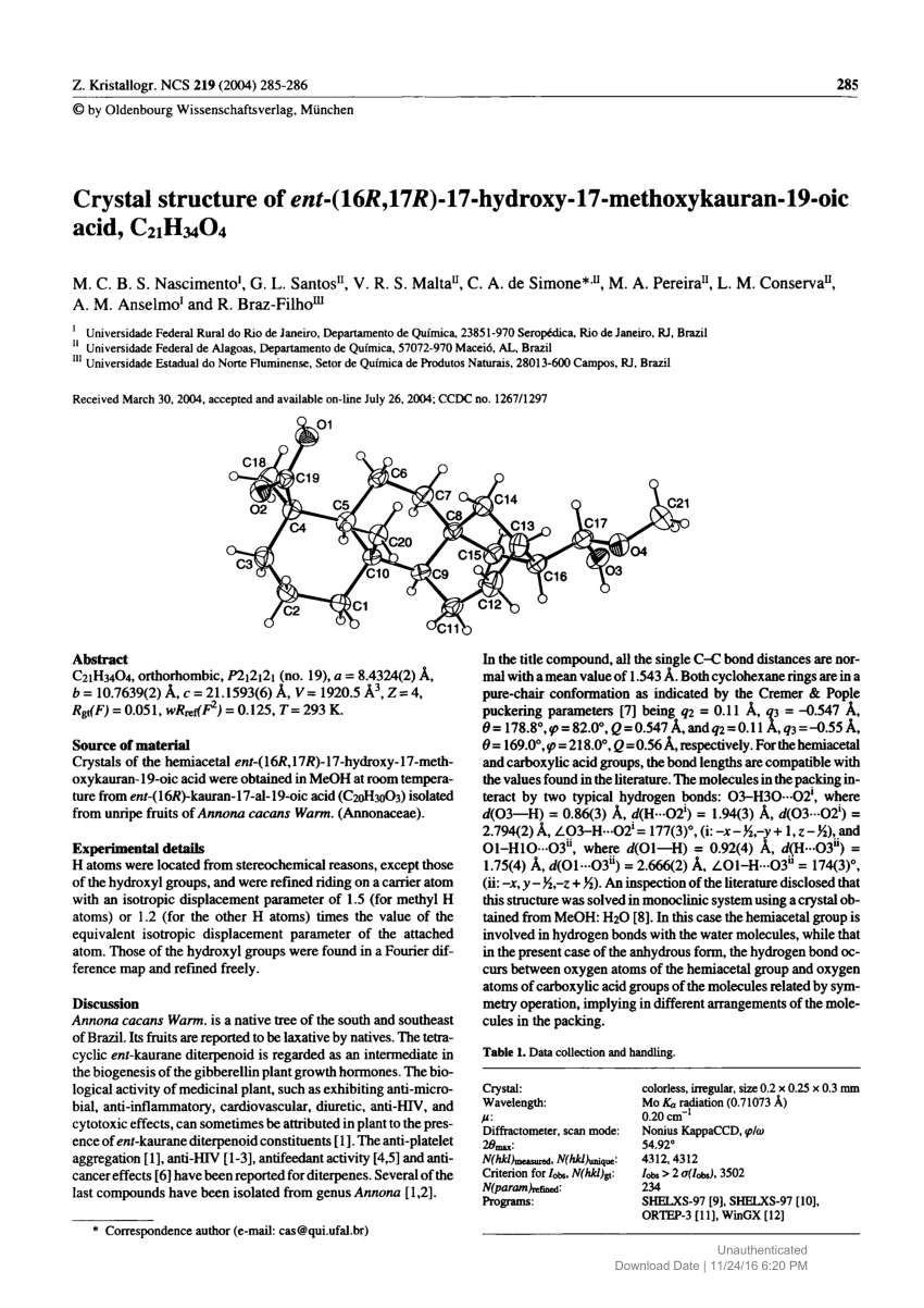 Pdf Crystal Structure Of Ent 16r 17r 17 Hydroxy 17 Methoxykauran 19 Oic Acid C21h34o4