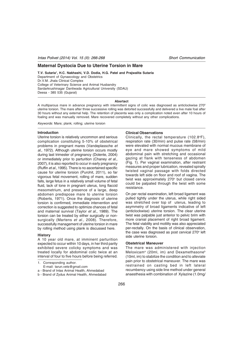 (PDF) Maternal Dystocia Due to Uterine Torsion in Mare